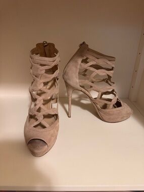 Valentino Garavani Taupe Suede Strappy Peep-Toe Heels